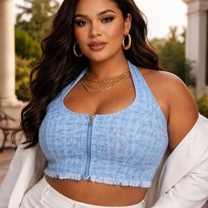 STAUD Becca Blue Tweed Knit Halter Crop Top Sz L Festival Glam Coachella